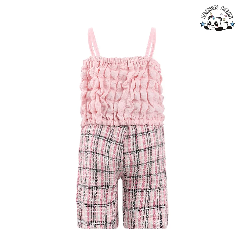 LEZONKIDS - Conjunto de Roupas Femininas Casuais Rosa com Alça de Espaguete e Shorts com Laço, Conjunto de 2 Peças